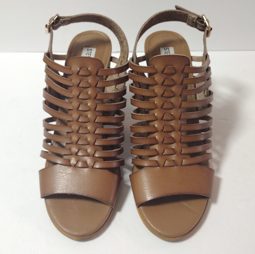 Steve Madden Women's Shanndyy Block Heel Leather Caged Slingback Sandals Tan 8